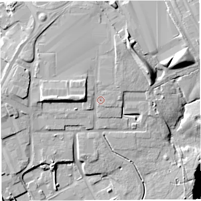 Shaded relief map of the ground around PR25NJ, computed from Environment Agency LiDAR. The ground here sits at about 56 m above sea level and falls 27 m across the surrounding 800 m. Surface water reaching this point runs off ground lying to the west, 5.6 m higher.