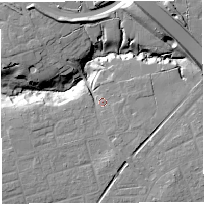 Shaded relief map of the ground around PR25RW, computed from Environment Agency LiDAR. The ground here sits at about 51 m above sea level and falls 22 m across the surrounding 800 m. Surface water reaching this point runs off ground lying to the east-south-east, 3.3 m higher.