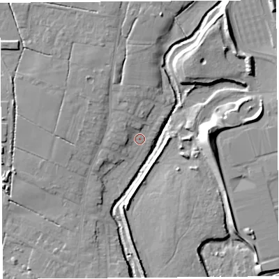 Shaded relief map of the ground around PR266QE, computed from Environment Agency LiDAR. The ground here sits at about 25 m above sea level and falls 17 m across the surrounding 800 m. Surface water reaching this point runs off ground lying to the north, 4.2 m higher.