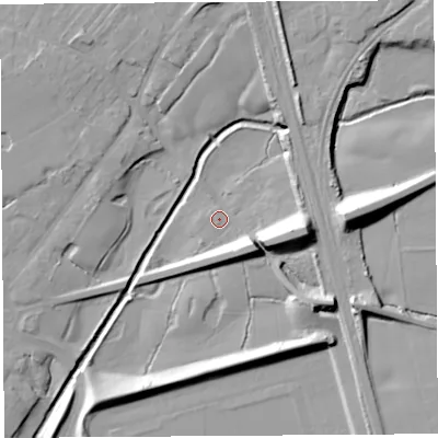 Shaded relief map of the ground around PR266RH, computed from Environment Agency LiDAR. The ground here sits at about 29 m above sea level and falls 18 m across the surrounding 800 m. Surface water reaching this point runs off ground lying to the east, 14.3 m higher.