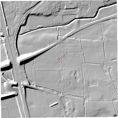 Shaded relief map of the ground around PR266RL, computed from Environment Agency LiDAR. The ground here sits at about 33 m above sea level and falls 16 m across the surrounding 800 m. Surface water reaching this point runs off ground lying to the south-east, 7.8 m higher.