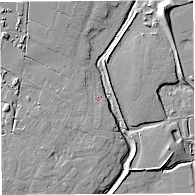 Shaded relief map of the ground around PR266RQ, computed from Environment Agency LiDAR. The ground here sits at about 25 m above sea level and falls 19 m across the surrounding 800 m. Surface water reaching this point runs off ground lying to the south, 2.2 m higher.