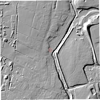 Shaded relief map of the ground around PR266RR, computed from Environment Agency LiDAR. The ground here sits at about 24 m above sea level and falls 18 m across the surrounding 800 m. Surface water reaching this point runs off ground lying to the north-west, 2.4 m higher.
