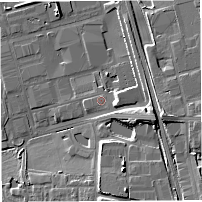Shaded relief map of the ground around PR266TR, computed from Environment Agency LiDAR. The ground here sits at about 33 m above sea level and falls 15 m across the surrounding 800 m. Surface water reaching this point runs off ground lying to the south-south-west, 0.5 m higher.
