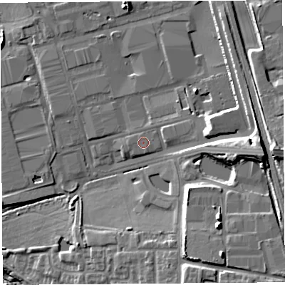 Shaded relief map of the ground around PR266TY, computed from Environment Agency LiDAR. The ground here sits at about 32 m above sea level and falls 22 m across the surrounding 800 m. The ground contributing surface water to this point lies to the north-north-west.