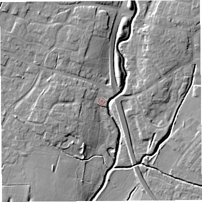 Shaded relief map of the ground around PR267AU, computed from Environment Agency LiDAR. The ground here sits at about 16 m above sea level and falls 9 m across the surrounding 800 m. Surface water reaching this point runs off ground lying to the north-north-west, 5.3 m higher.