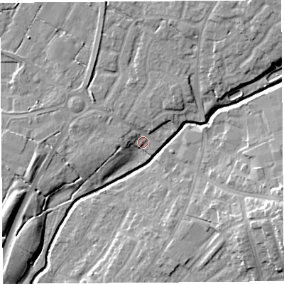 Shaded relief map of the ground around PR267PA, computed from Environment Agency LiDAR. The ground here sits at about 21 m above sea level and falls 14 m across the surrounding 800 m. Surface water reaching this point runs off ground lying to the north-north-east, 6.1 m higher.