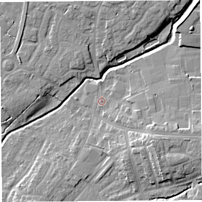 Shaded relief map of the ground around PR268HA, computed from Environment Agency LiDAR. The ground here sits at about 21 m above sea level and falls 14 m across the surrounding 800 m. Surface water reaching this point runs off ground lying to the east-south-east, 6.4 m higher.