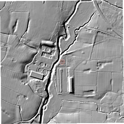 Shaded relief map of the ground around PR268LH, computed from Environment Agency LiDAR. The ground here sits at about 14 m above sea level and falls 9 m across the surrounding 800 m. Surface water reaching this point runs off ground lying to the north-west, 7.9 m higher.