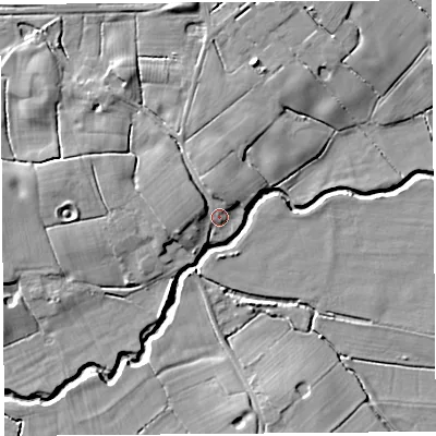 Shaded relief map of the ground around PR268LT, computed from Environment Agency LiDAR. The ground here sits at about 10 m above sea level and falls 10 m across the surrounding 800 m. Surface water reaching this point runs off ground lying to the north-west, 2.8 m higher.