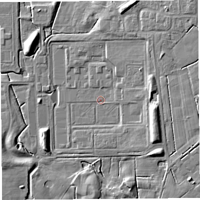 Shaded relief map of the ground around PR268LW, computed from Environment Agency LiDAR. The ground here sits at about 10 m above sea level and falls 8 m across the surrounding 800 m. Surface water reaching this point runs off ground lying to the east, 6.9 m higher.