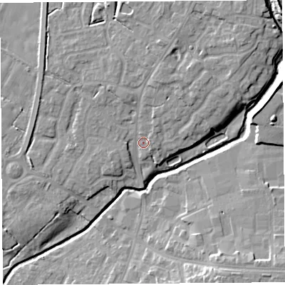 Shaded relief map of the ground around PR268PH, computed from Environment Agency LiDAR. The ground here sits at about 23 m above sea level and falls 13 m across the surrounding 800 m. Surface water reaching this point runs off ground lying to the north-north-east, 4.3 m higher.