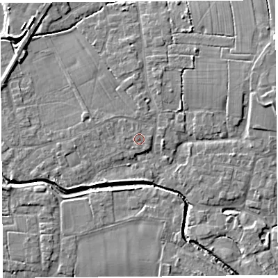 Shaded relief map of the ground around PR269AG, computed from Environment Agency LiDAR. The ground here sits at about 8 m above sea level and falls 8 m across the surrounding 800 m. Surface water reaching this point runs off ground lying to the west-north-west, 0.7 m higher.