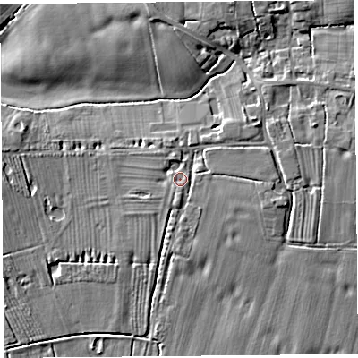 Shaded relief map of the ground around PR269AS, computed from Environment Agency LiDAR. The ground here sits at about 8 m above sea level and falls 6 m across the surrounding 800 m. Surface water reaching this point runs off ground lying to the south, 1.4 m higher.