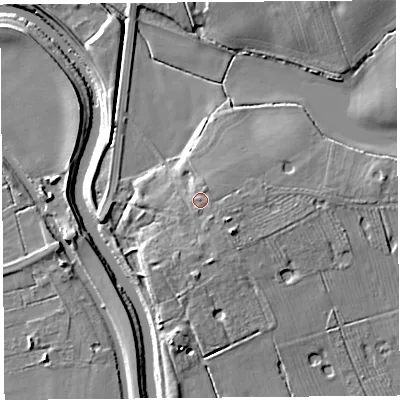 Shaded relief map of the ground around PR269AT, computed from Environment Agency LiDAR. The ground here sits at about 9 m above sea level and falls 8 m across the surrounding 800 m. Surface water reaching this point runs off ground lying to the north-north-east, 1.3 m higher.