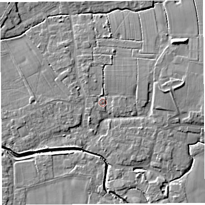 Shaded relief map of the ground around PR269AW, computed from Environment Agency LiDAR. The ground here sits at about 8 m above sea level and falls 8 m across the surrounding 800 m. Surface water reaching this point runs off ground lying to the east-north-east, 2.8 m higher.