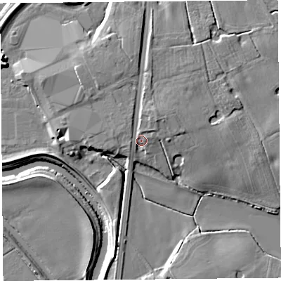 Shaded relief map of the ground around PR269AX, computed from Environment Agency LiDAR. The ground here sits at about 9 m above sea level and falls 8 m across the surrounding 800 m. Surface water reaching this point runs off ground lying to the north-east, 2.3 m higher.