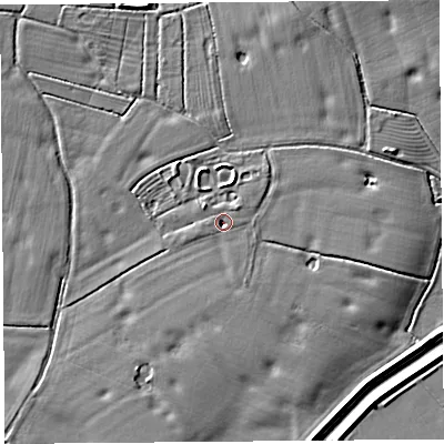 Shaded relief map of the ground around PR269BF, computed from Environment Agency LiDAR. The ground here sits at about 7 m above sea level and falls 6 m across the surrounding 800 m. Surface water reaching this point runs off ground lying to the north-east, 2.7 m higher.