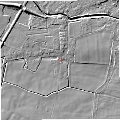 Shaded relief map of the ground around PR269BL, computed from Environment Agency LiDAR. The ground here sits at about 6 m above sea level and falls 10 m across the surrounding 800 m. Surface water reaching this point runs off ground lying to the north-north-east, 2.8 m higher.