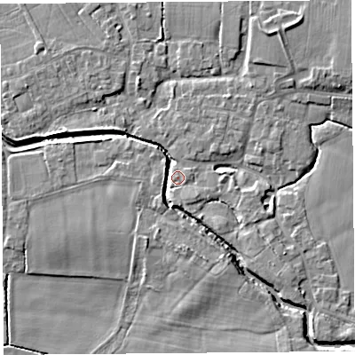 Shaded relief map of the ground around PR269HA, computed from Environment Agency LiDAR. The ground here sits at about 8 m above sea level and falls 8 m across the surrounding 800 m. Surface water reaching this point runs off ground lying to the south-south-west, 3.8 m higher.