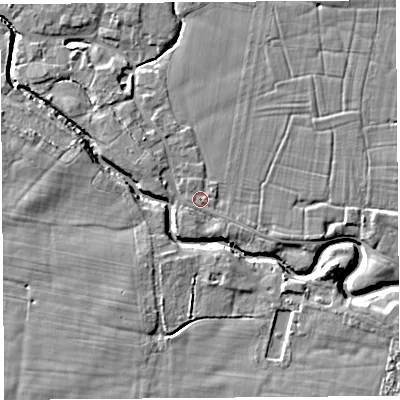 Shaded relief map of the ground around PR269HB, computed from Environment Agency LiDAR. The ground here sits at about 9 m above sea level and falls 7 m across the surrounding 800 m. Surface water reaching this point runs off ground lying to the east, 2.4 m higher.