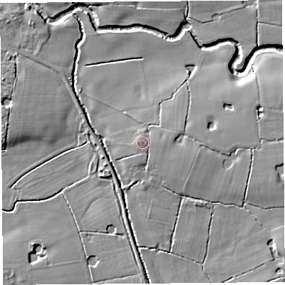 Shaded relief map of the ground around PR269HE, computed from Environment Agency LiDAR. The ground here sits at about 12 m above sea level and falls 7 m across the surrounding 800 m. Surface water reaching this point runs off ground lying to the east, 0.7 m higher.