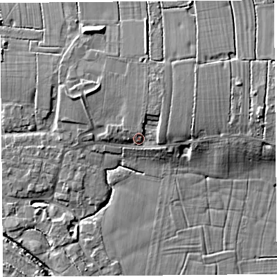 Shaded relief map of the ground around PR269HH, computed from Environment Agency LiDAR. The ground here sits at about 11 m above sea level and falls 9 m across the surrounding 800 m. Surface water reaching this point runs off ground lying to the north-east, 3.1 m higher.