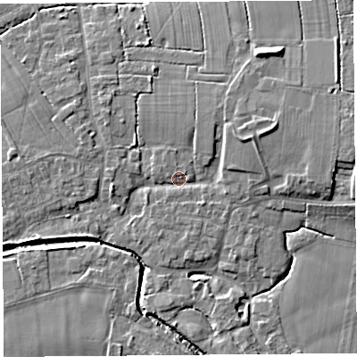 Shaded relief map of the ground around PR269HJ, computed from Environment Agency LiDAR. The ground here sits at about 8 m above sea level and falls 8 m across the surrounding 800 m. Surface water reaching this point runs off ground lying to the east-north-east, 5.0 m higher.