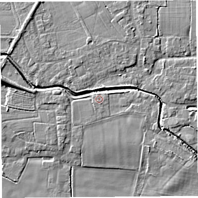 Shaded relief map of the ground around PR269JD, computed from Environment Agency LiDAR. The ground here sits at about 7 m above sea level and falls 9 m across the surrounding 800 m. Surface water reaching this point runs off ground lying to the east-south-east, 2.4 m higher.