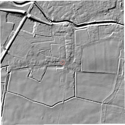 Shaded relief map of the ground around PR269JE, computed from Environment Agency LiDAR. The ground here sits at about 6 m above sea level and falls 10 m across the surrounding 800 m. Surface water reaching this point runs off ground lying to the north-north-east, 3.2 m higher.