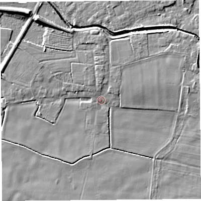 Shaded relief map of the ground around PR269JH, computed from Environment Agency LiDAR. The ground here sits at about 6 m above sea level and falls 10 m across the surrounding 800 m. Surface water reaching this point runs off ground lying to the north, 2.8 m higher.