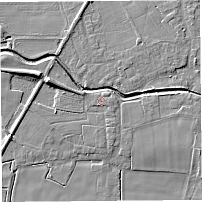 Shaded relief map of the ground around PR269JN, computed from Environment Agency LiDAR. The ground here sits at about 7 m above sea level and falls 10 m across the surrounding 800 m. Surface water reaching this point runs off ground lying to the south-west, 1.4 m higher.