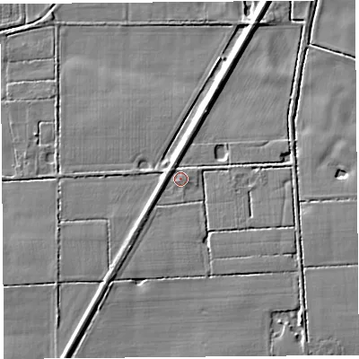 Shaded relief map of the ground around PR269JQ, computed from Environment Agency LiDAR. The ground here sits at about 5 m above sea level and falls 5 m across the surrounding 800 m. Surface water reaching this point runs off ground lying to the east-south-east, 2.1 m higher.