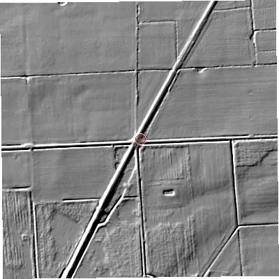 Shaded relief map of the ground around PR269JR, computed from Environment Agency LiDAR. The ground here sits at about 5 m above sea level and falls 4 m across the surrounding 800 m. Surface water reaching this point runs off ground lying to the north-north-west, 1.9 m higher.