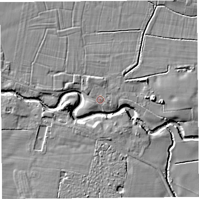 Shaded relief map of the ground around PR269JT, computed from Environment Agency LiDAR. The ground here sits at about 9 m above sea level and falls 9 m across the surrounding 800 m. Surface water reaching this point runs off ground lying to the north, 1.4 m higher.