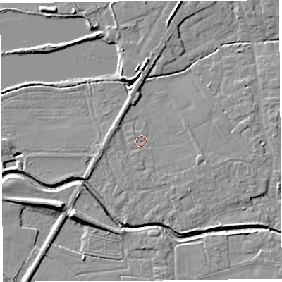 Shaded relief map of the ground around PR269QY, computed from Environment Agency LiDAR. The ground here sits at about 7 m above sea level and falls 10 m across the surrounding 800 m. Surface water reaching this point runs off ground lying to the east, 2.9 m higher.