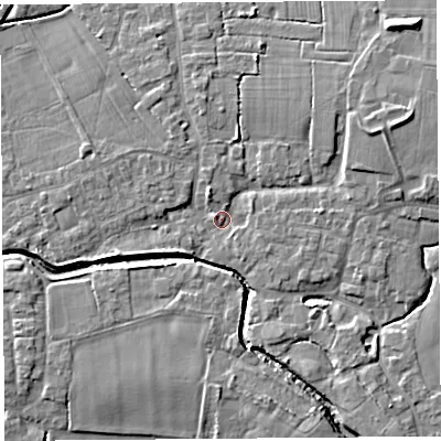 Shaded relief map of the ground around PR269RA, computed from Environment Agency LiDAR. The ground here sits at about 8 m above sea level and falls 9 m across the surrounding 800 m. Surface water reaching this point runs off ground lying to the east-north-east, 5.8 m higher.