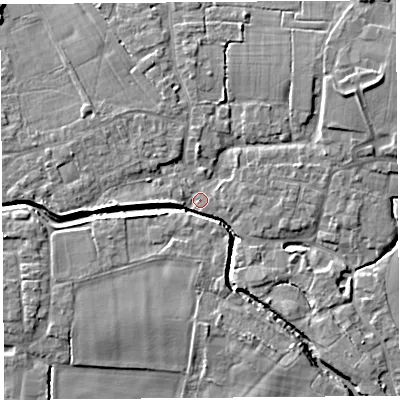 Shaded relief map of the ground around PR269RB, computed from Environment Agency LiDAR. The ground here sits at about 7 m above sea level and falls 8 m across the surrounding 800 m. Surface water reaching this point runs off ground lying to the north-east, 5.9 m higher.
