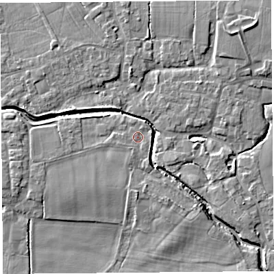 Shaded relief map of the ground around PR269RE, computed from Environment Agency LiDAR. The ground here sits at about 8 m above sea level and falls 8 m across the surrounding 800 m. Surface water reaching this point runs off ground lying to the south-south-west, 1.0 m higher.