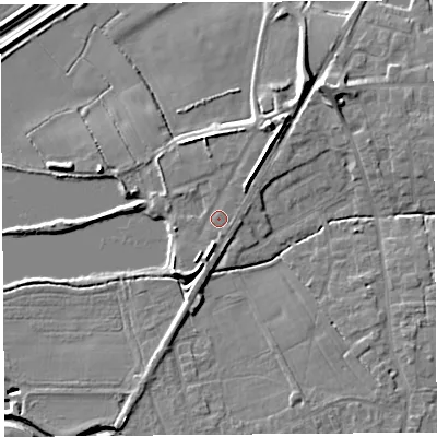 Shaded relief map of the ground around PR269RF, computed from Environment Agency LiDAR. The ground here sits at about 8 m above sea level and falls 11 m across the surrounding 800 m. Surface water reaching this point runs off ground lying to the north-north-east, 4.4 m higher.