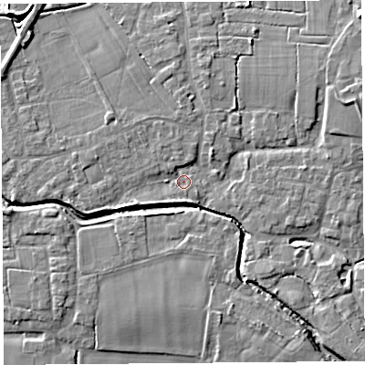 Shaded relief map of the ground around PR269RH, computed from Environment Agency LiDAR. The ground here sits at about 7 m above sea level and falls 8 m across the surrounding 800 m. Surface water reaching this point runs off ground lying to the west-south-west, 2.1 m higher.