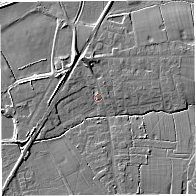 Shaded relief map of the ground around PR269RJ, computed from Environment Agency LiDAR. The ground here sits at about 8 m above sea level and falls 9 m across the surrounding 800 m. Surface water reaching this point runs off ground lying to the north-north-west, 5.4 m higher.