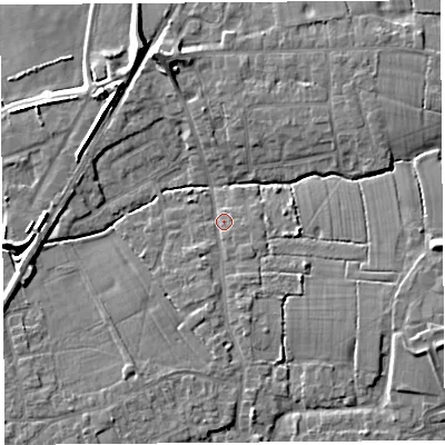 Shaded relief map of the ground around PR269RL, computed from Environment Agency LiDAR. The ground here sits at about 8 m above sea level and falls 8 m across the surrounding 800 m. Surface water reaching this point runs off ground lying to the east-south-east, 4.0 m higher.