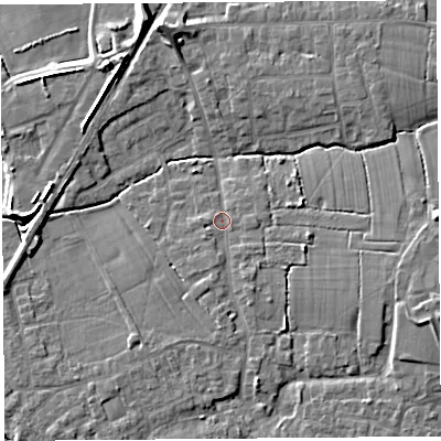 Shaded relief map of the ground around PR269RN, computed from Environment Agency LiDAR. The ground here sits at about 8 m above sea level and falls 9 m across the surrounding 800 m. Surface water reaching this point runs off ground lying to the east-south-east, 3.8 m higher.