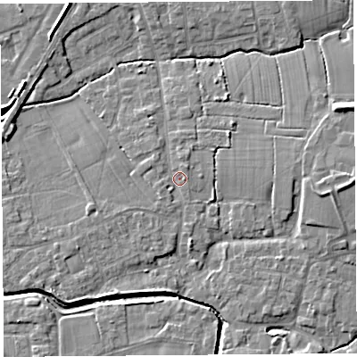 Shaded relief map of the ground around PR269RP, computed from Environment Agency LiDAR. The ground here sits at about 8 m above sea level and falls 8 m across the surrounding 800 m. Surface water reaching this point runs off ground lying to the north-east, 1.4 m higher.