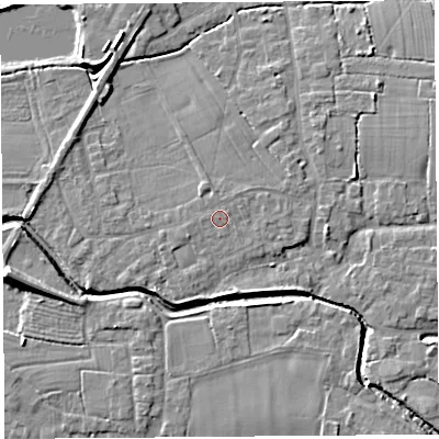 Shaded relief map of the ground around PR269RQ, computed from Environment Agency LiDAR. The ground here sits at about 8 m above sea level and falls 9 m across the surrounding 800 m. The ground contributing surface water to this point lies to the south-east.