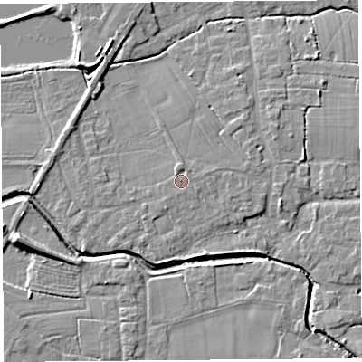Shaded relief map of the ground around PR269RR, computed from Environment Agency LiDAR. The ground here sits at about 8 m above sea level and falls 9 m across the surrounding 800 m. The ground contributing surface water to this point lies to the east.