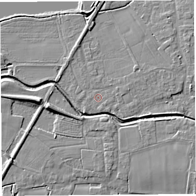 Shaded relief map of the ground around PR269RS, computed from Environment Agency LiDAR. The ground here sits at about 7 m above sea level and falls 10 m across the surrounding 800 m. Surface water reaching this point runs off ground lying to the east, 0.9 m higher.