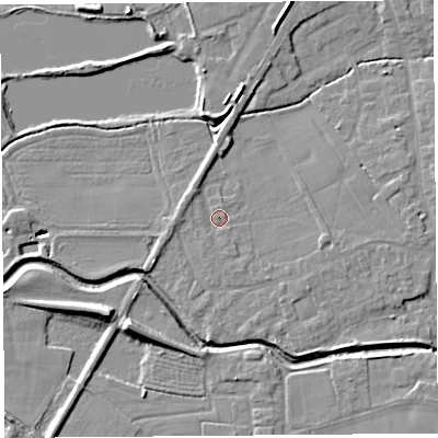 Shaded relief map of the ground around PR269RT, computed from Environment Agency LiDAR. The ground here sits at about 7 m above sea level and falls 10 m across the surrounding 800 m. Surface water reaching this point runs off ground lying to the east, 2.3 m higher.