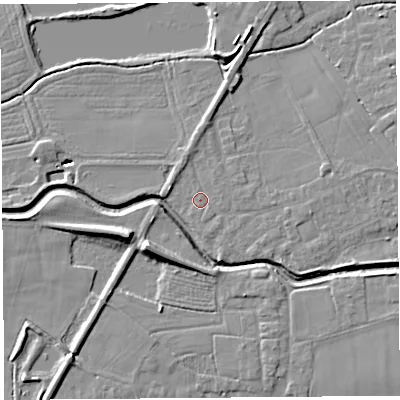 Shaded relief map of the ground around PR269RU, computed from Environment Agency LiDAR. The ground here sits at about 7 m above sea level and falls 10 m across the surrounding 800 m. Surface water reaching this point runs off ground lying to the east-south-east, 1.1 m higher.